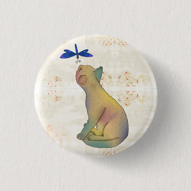 Cat and blue dragonfly 3 cm round badge (Front)