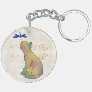 Cat and blue dragonfly key ring