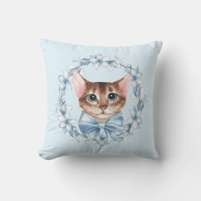 Cat and blue flowers cushion (Front)