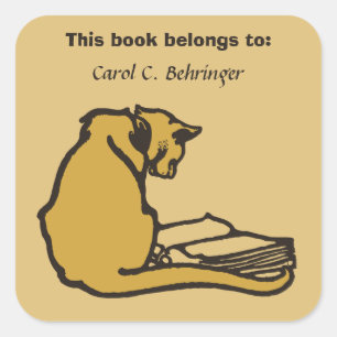 Cat and book, vintage bookplate customisable square sticker