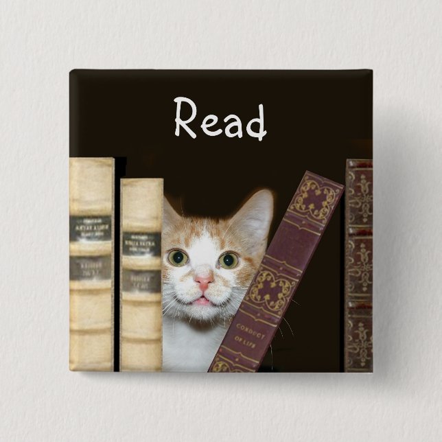 Cat and books 15 cm square badge (Front)