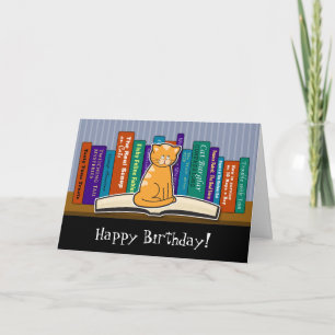 Cat and Books Birthday Card