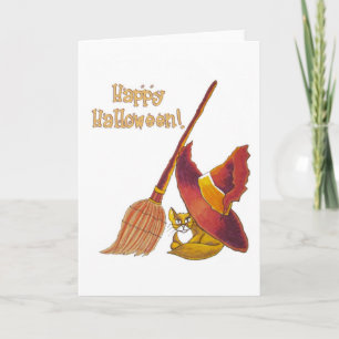 Cat and Broomstick Halloween Card