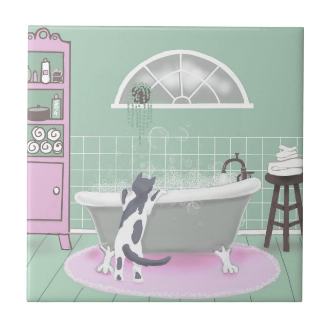 Cat and Bubble Bath Pink Sage Art  Ceramic Tile (Front)
