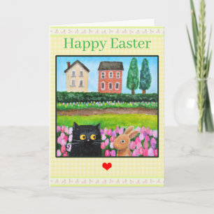 Cat and Bunny among Tulips Cute Spring Landscape Card
