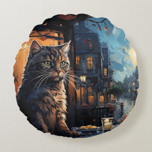 Cat and Cafe at Night Round Cushion