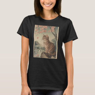 Cat and Cherry Blossom tree Japanese Woodblock ART T-Shirt