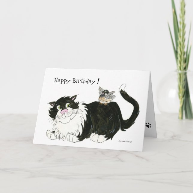 Cat and Chickadee Birthday Card (Front)