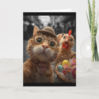 Cat And Chicken Selfie Funny Vintage Easter Eggs  Card