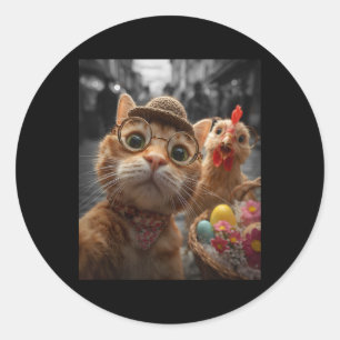 Cat And Chicken Selfie Funny Vintage Easter Eggs  Classic Round Sticker