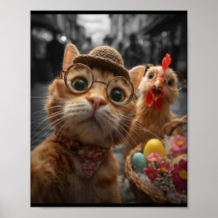 Cat And Chicken Selfie Funny Vintage Easter Eggs Poster