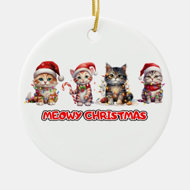 Cat and Christmas Lights Meowy Christmas Ceramic Ornament (Front)