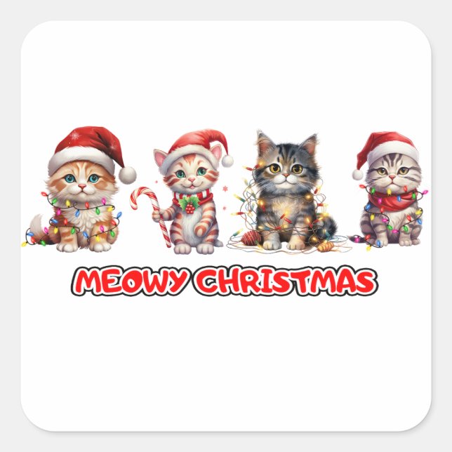 Cat and Christmas Lights Meowy Christmas Square Sticker (Front)