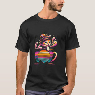Cat and Coffee Sunset Adventure Vector T-Shirt