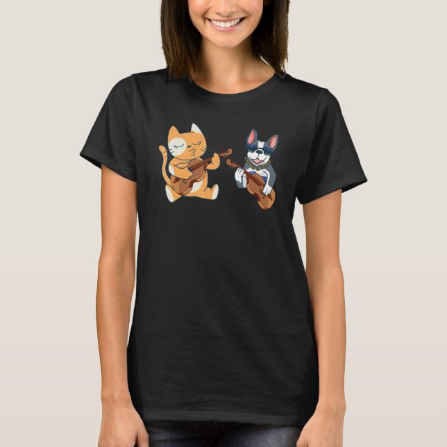 Cat And Dog Animal Double Bassist Players Double B T-Shirt (Front)