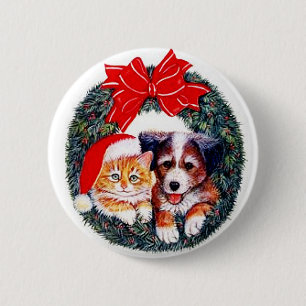 Cat and Dog Christmas Button