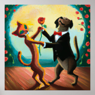 Cat and Dog Dancing Tango in Dance Club, AI Art Poster