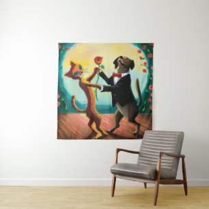 Cat and Dog Dancing Tango in Dance Club, AI Art Tapestry