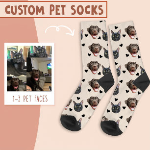 Cat And Dog Face Personalised, with Heart on Ivory Socks