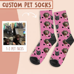 Cat And Dog Face Personalised, with Heart on Pink Socks