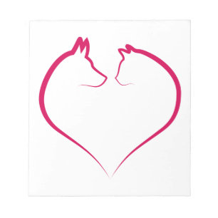 Cat and dog faces in red heart silhouette notepad