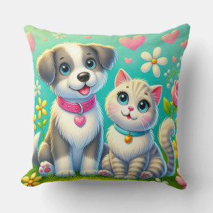 Cat And Dog Friendship Hearts Floral Love Style 🐾 Cushion
