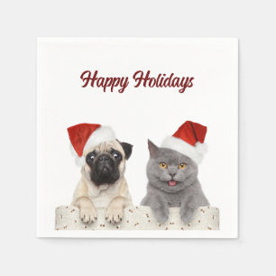 Cat And Dog Merry Christmas Happy Holiday  Napkin