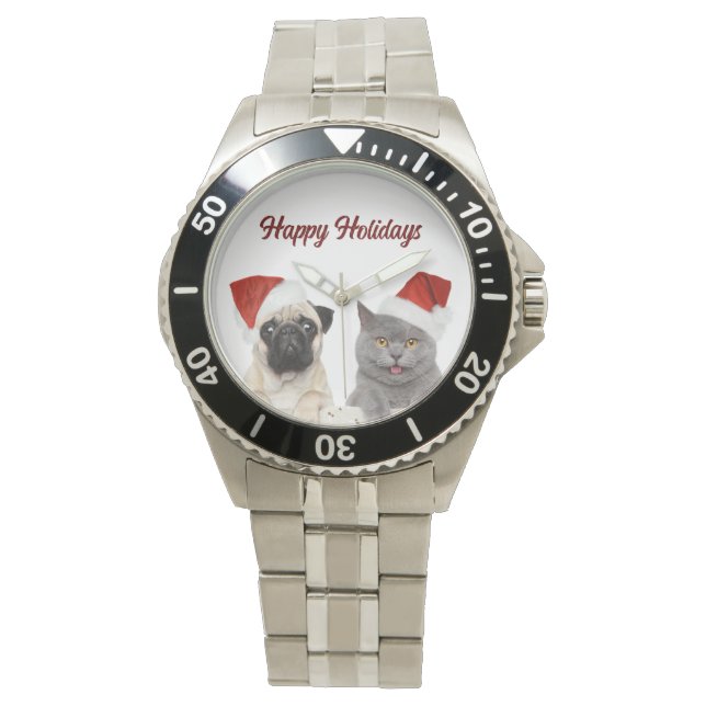 Cat And Dog Merry Christmas Happy Holiday  Watch (Front)