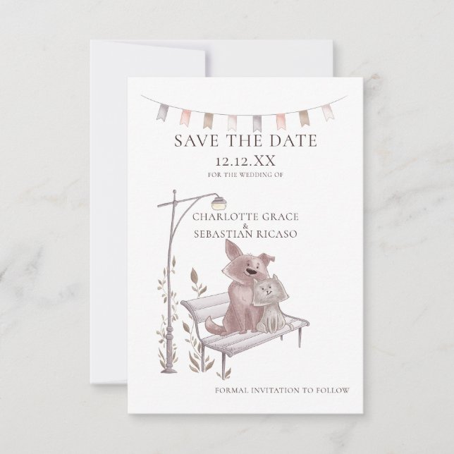 Cat And Dog on Bench Animal Save The Date Wedding Announcement (Front)