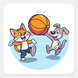 Cat and Dog plays basketball Square Sticker