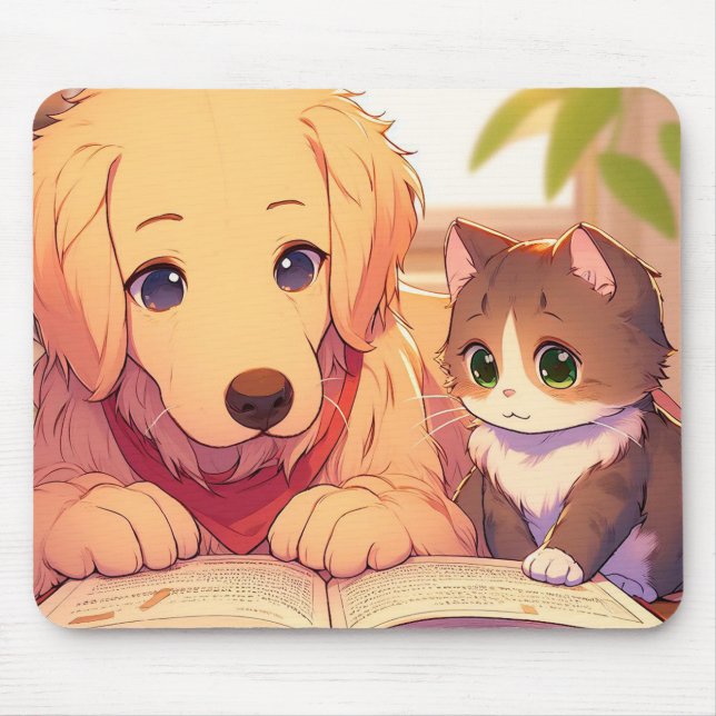Cat and dog reading a book mouse pad (Front)