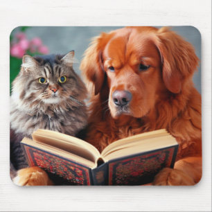 Cat and dog reading a book mouse pad