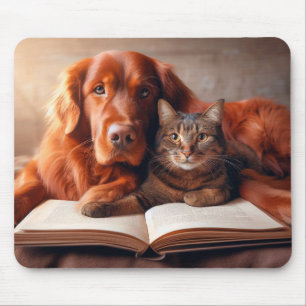 Cat and dog reading a book mouse pad