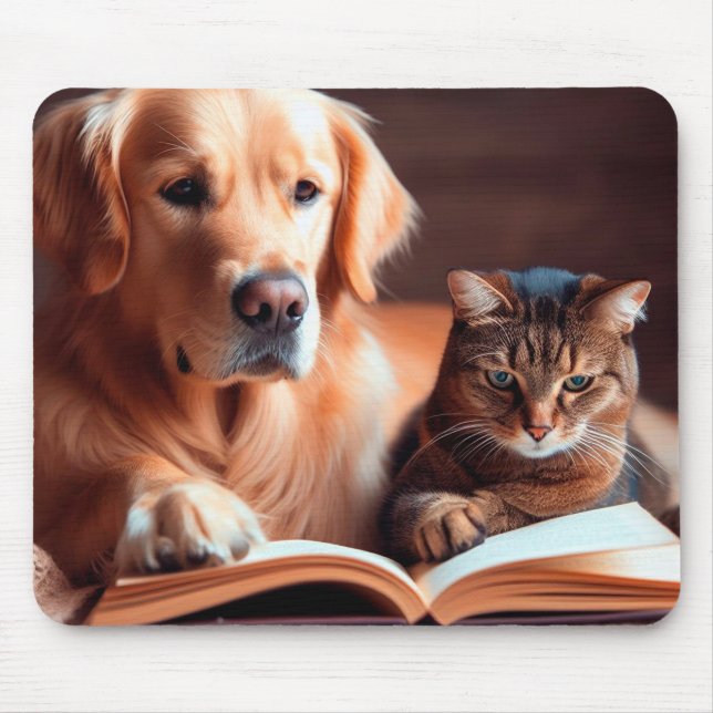 Cat and dog reading a book mouse pad (Front)