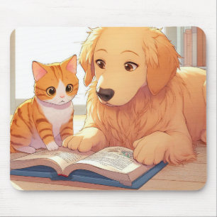 Cat and dog reading a book mouse pad