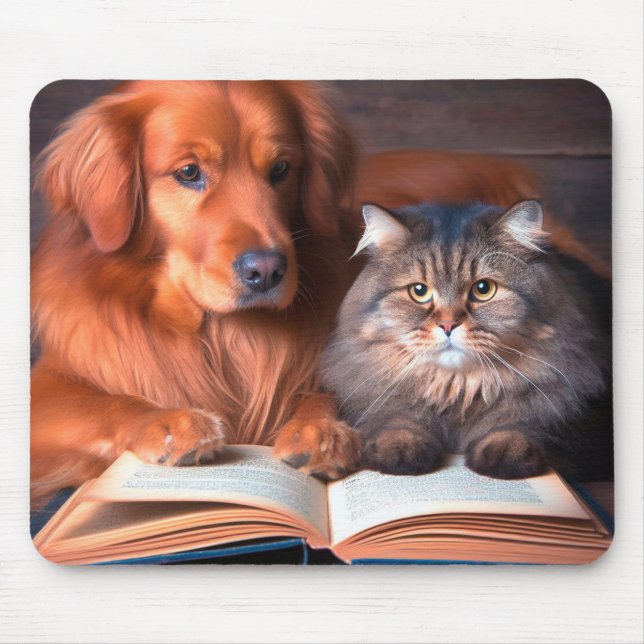 Cat and dog reading a book mouse pad (Front)