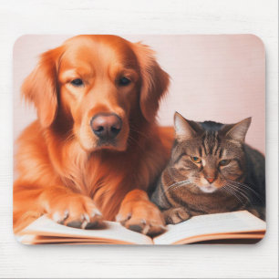 Cat and dog reading a book mouse pad