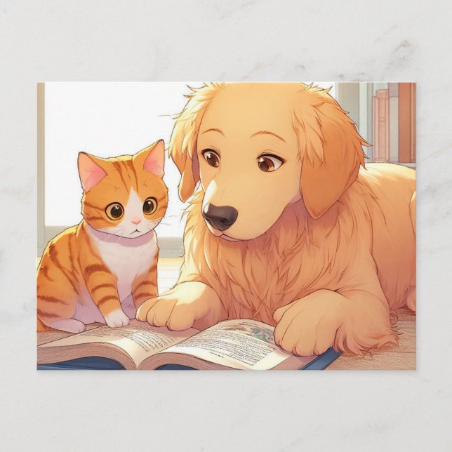Cat and dog reading a book postcard (Front)