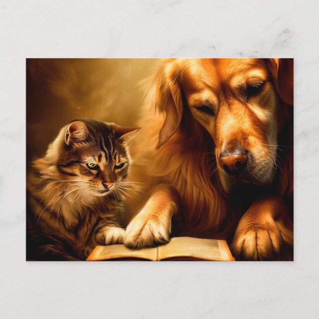 Cat and dog reading a book postcard (Front)