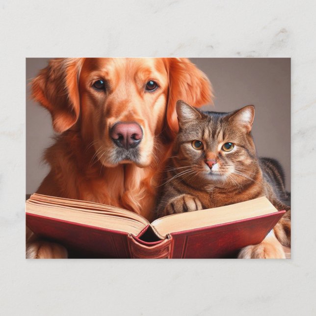 Cat and dog reading a book postcard (Front)