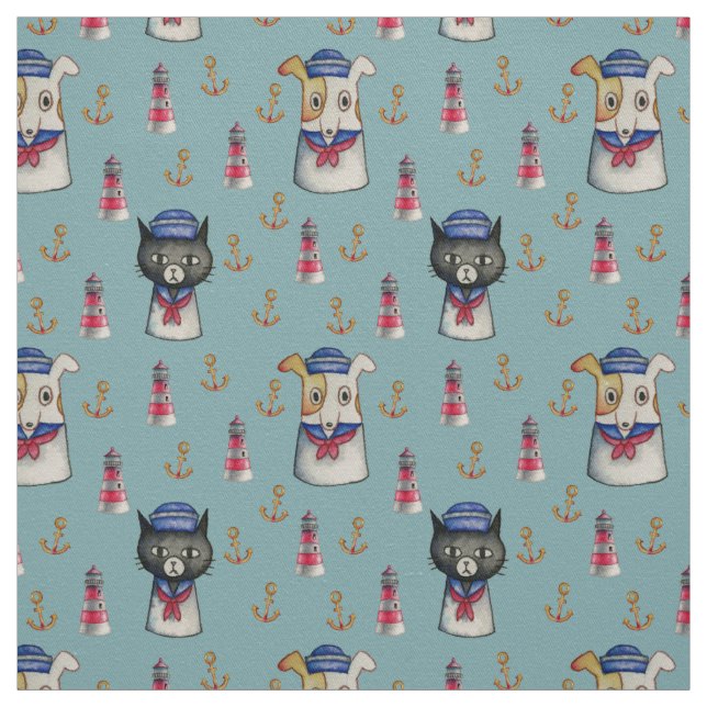 Cat and Dog Sailors Nautical Watercolor Pattern Fabric (Swatch)