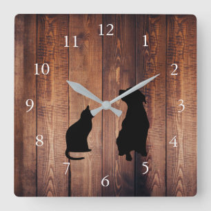 Cat and dog silhouettes pets rustic wood square wall clock