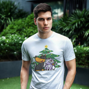 Cat And Dog Under Christmas Tree   T-Shirt