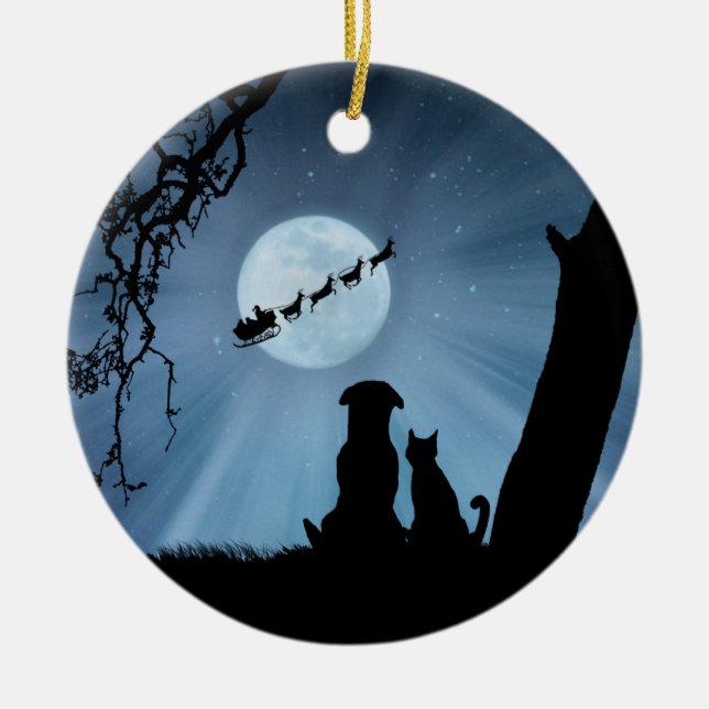 Cat and Dog With Santa And Sleigh Ceramic Ornament (Front)