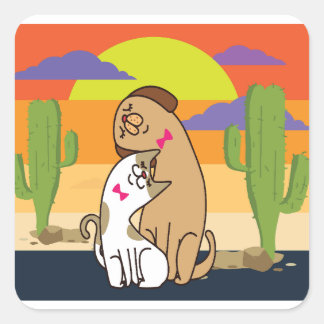 Cat and dog with sunset square sticker