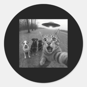 Cat and Dogs Selfie with Alien UFO Funny for Men Classic Round Sticker
