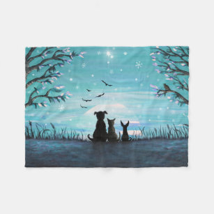 Cat and dogs Winter Sunset Fleece Blanket