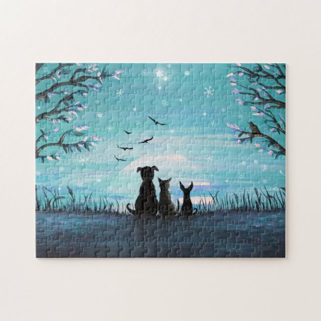 Cat and dogs Winter Sunset Jigsaw Puzzle (Horizontal)