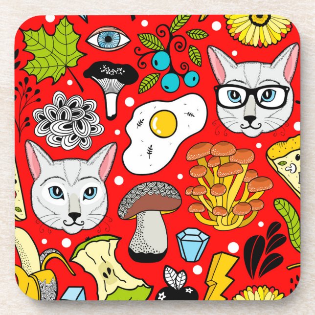 Cat and egg on red coaster (Front)