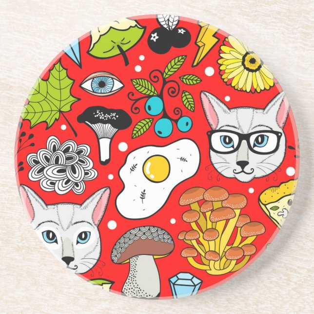 Cat and egg on red coaster (Front)